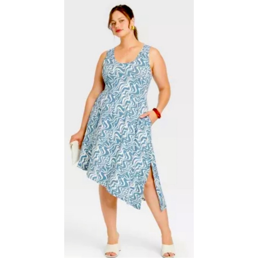 NWT Ava & Viv Sleeveless Asymmetrical Knit dress Blue Swirl Size 3X